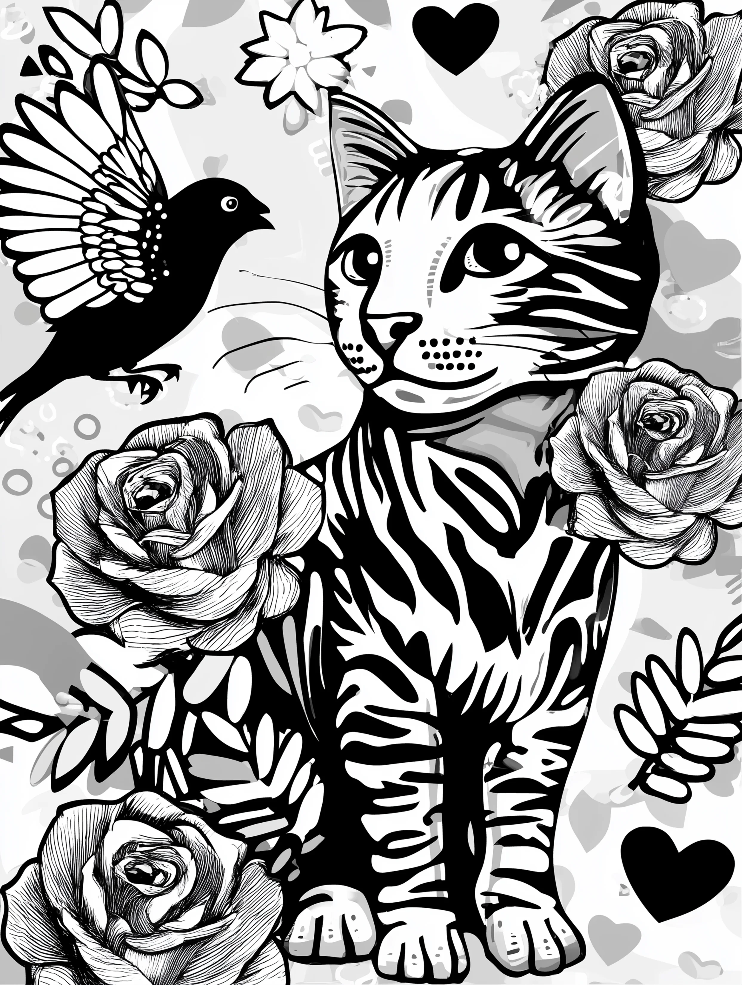 Free printable cats coloring page featuring a cat with a black bird